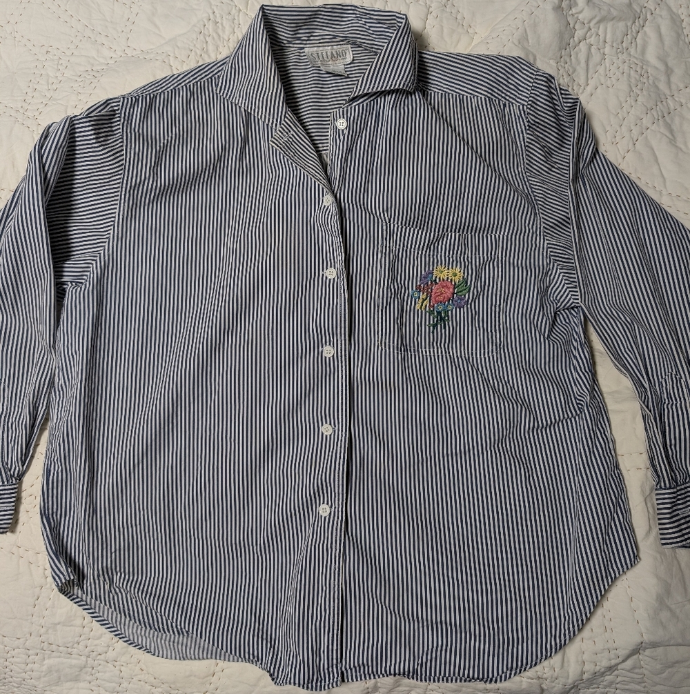 Stefano World Wide Pinstripe Button Down, Embroidery, 100% Cotton, Large